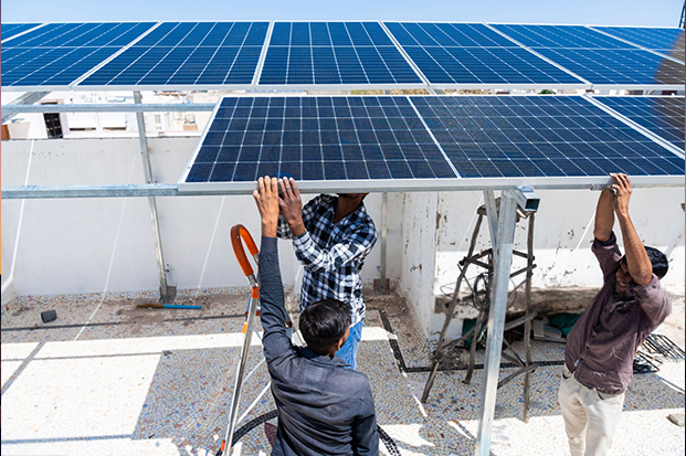 Solar maintenance technician at work